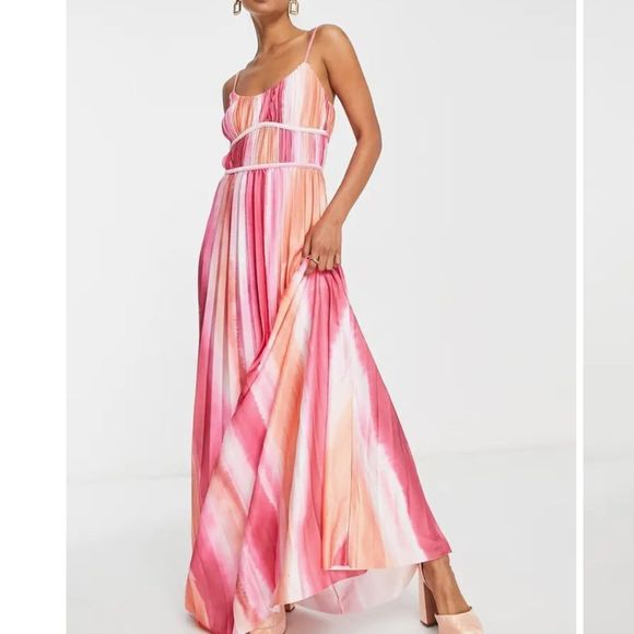 Asos Stripe Plissé Satin Maxi Dress Pink Multi Sz8 NWT - Picture 1 of 6